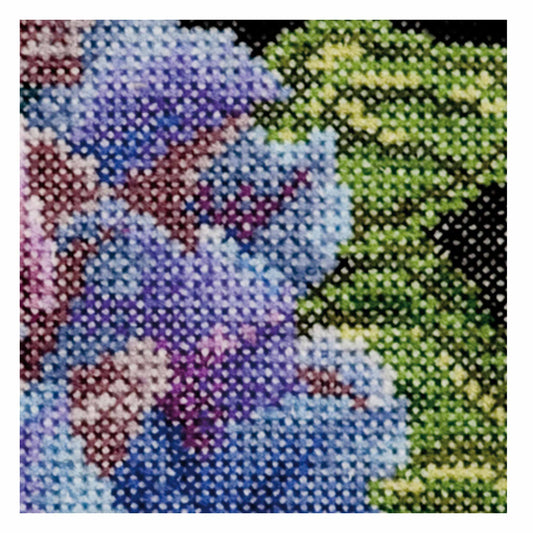 Cross stitched pattern of a floral design hydrangea  flowers close up