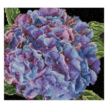 Cross-stitched pattern of a floral design hydrangea  flowers.