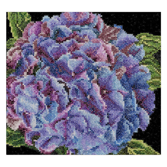 Cross-stitched pattern of a floral design hydrangea  flowers.