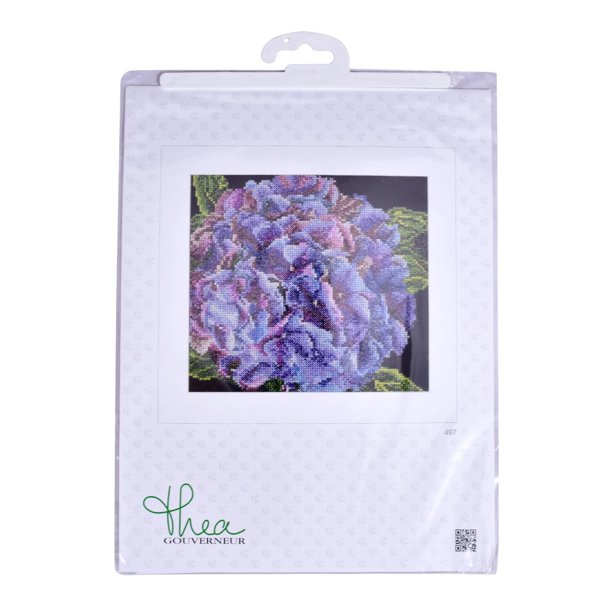Packaged cross-stitch kit hydrangea flower design on a black background
