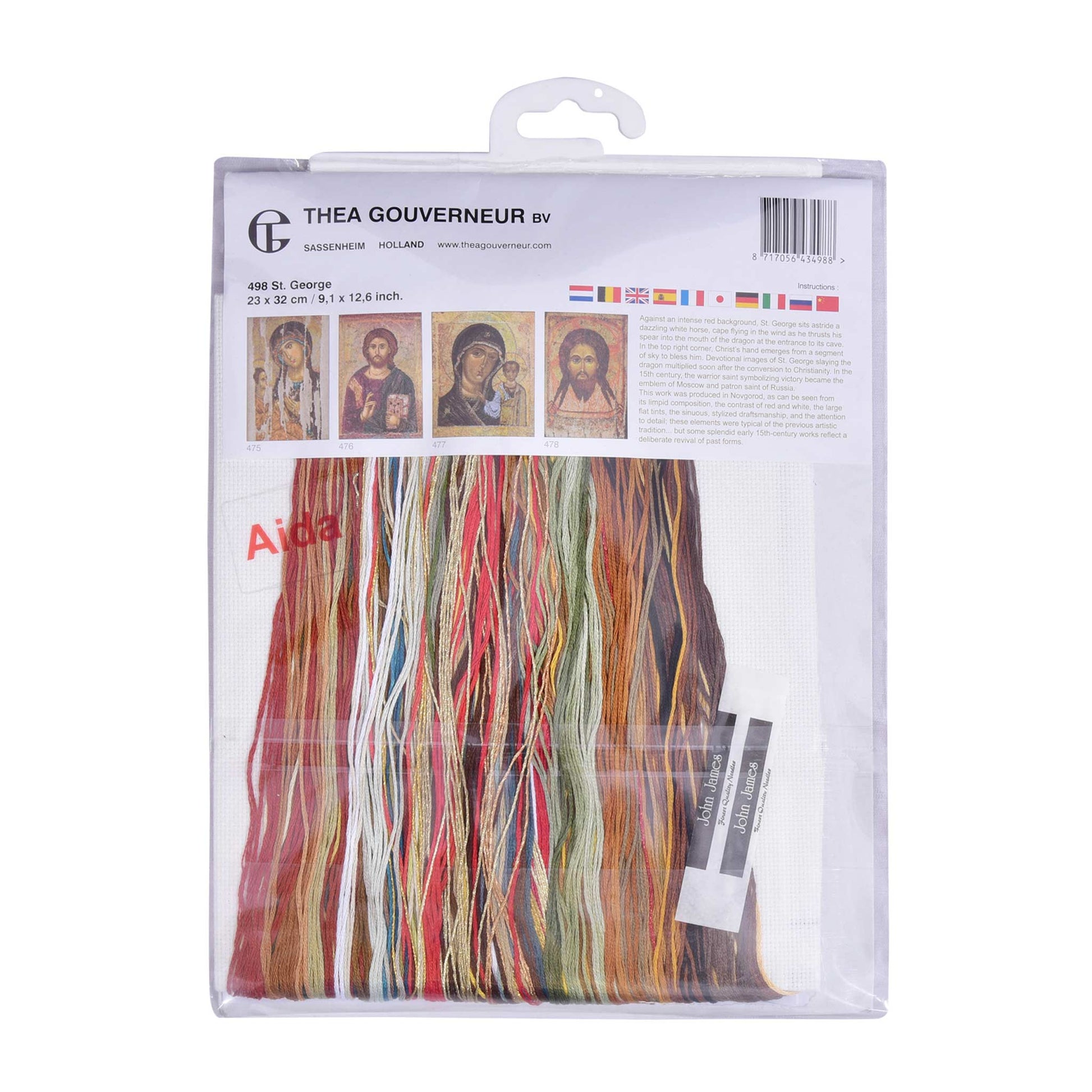 Packaged embroidery kit with colorful threads and Thea Gouverneur branding on a white background