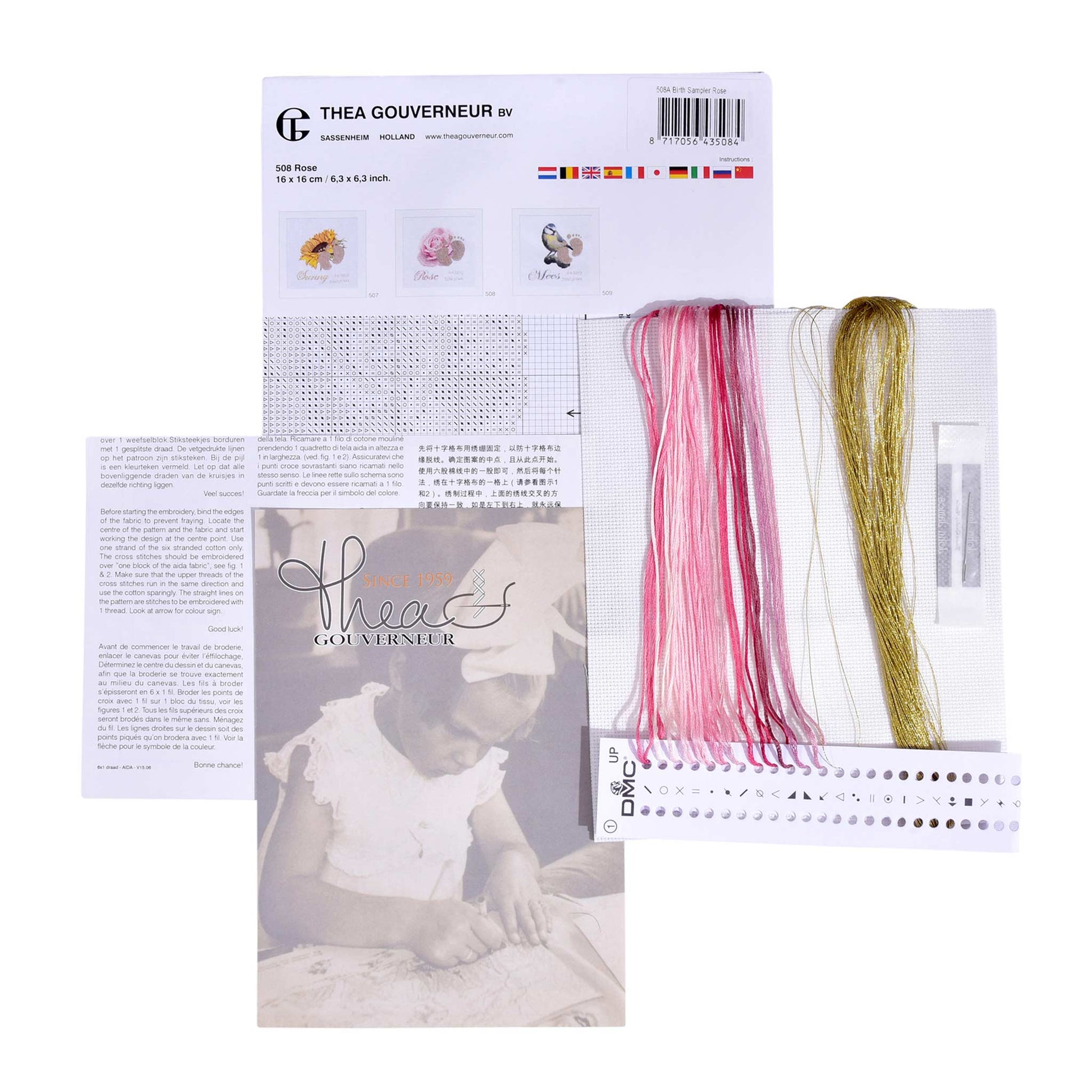 Embroidery kit with pattern and chart, needlework fabric, and dmc floss threads on a white background