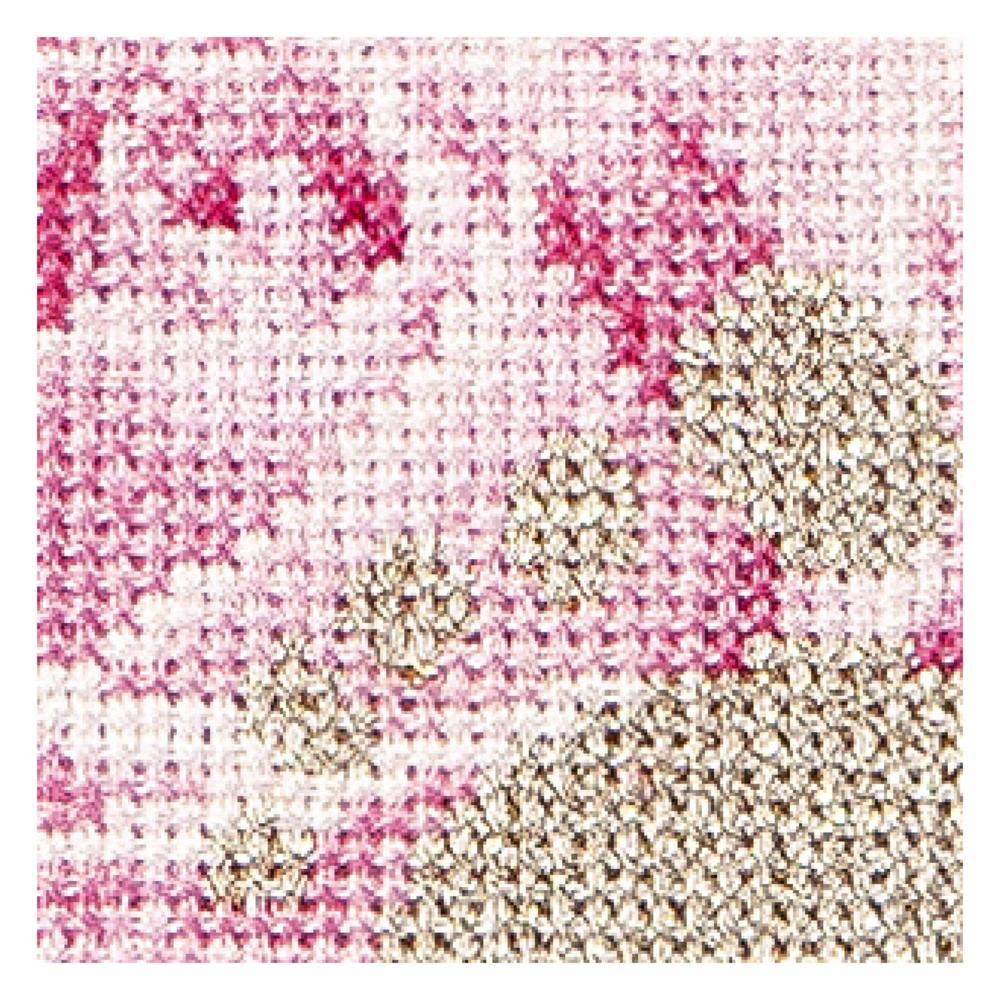close up cross stitch birth sample with pink and beige colors