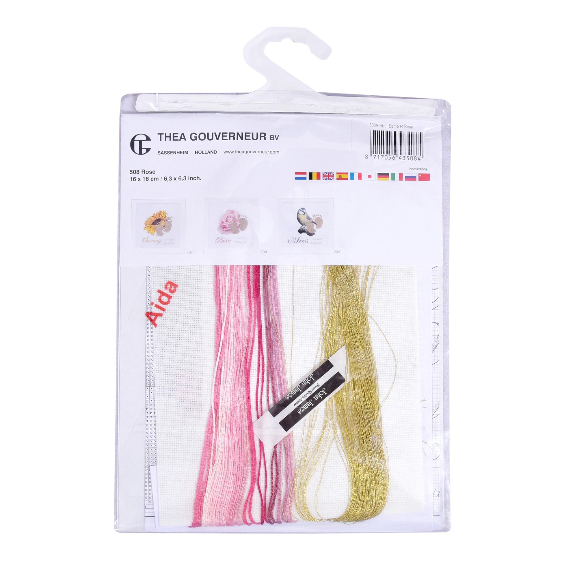 Embroidery kit packaging with threads and patterns Thea Gouverneur