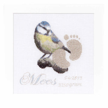 Cross-stitched design of a bird for newborn sample
