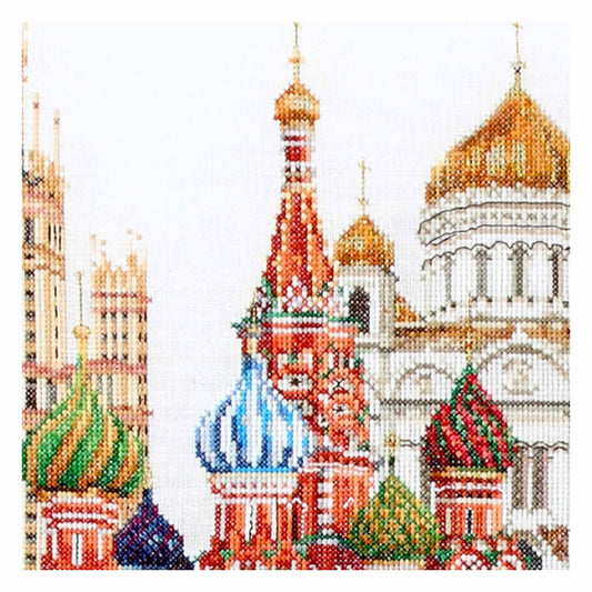 Cross-stitched close up of colorful domes in Moscow