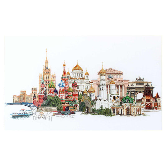 cross stitch design of a cityscape with various landmarks on a white background