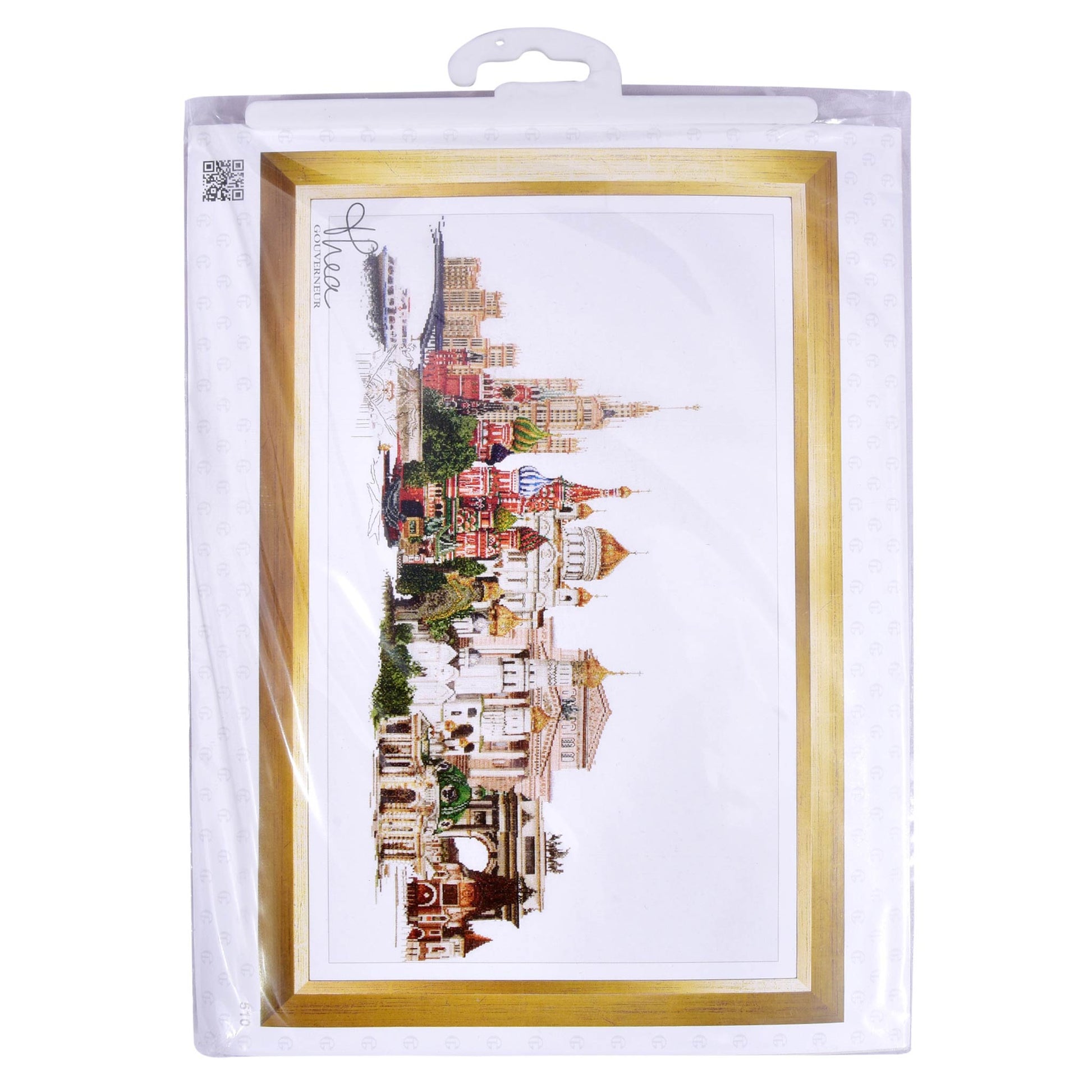Packaged cross-stitch kit with cityscape design by Thea Gouverneur