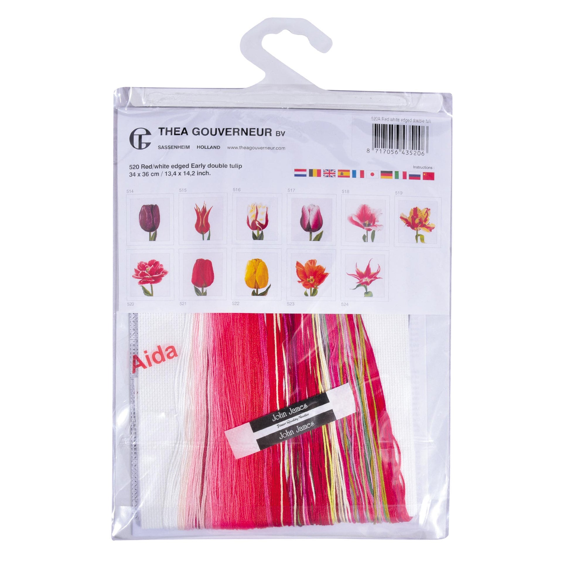 Packaged embroidery kit with colorful thread and pattern chart on a white background