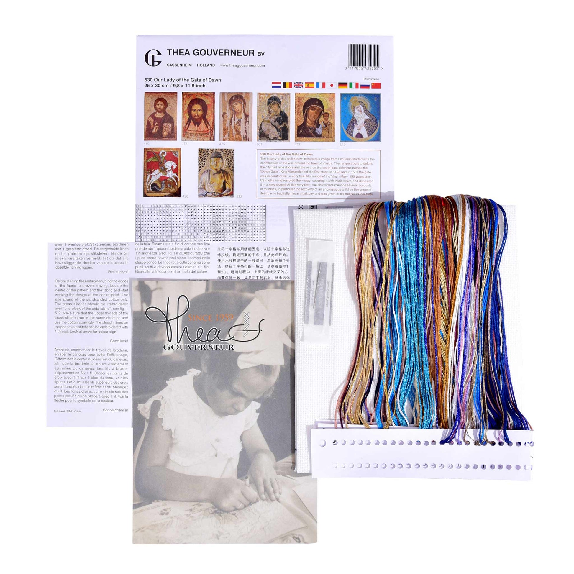 Embroidery kit content: Aida needlework fabrics, printed chart, colorful dmc embroidery threads presorted on the floss organizer