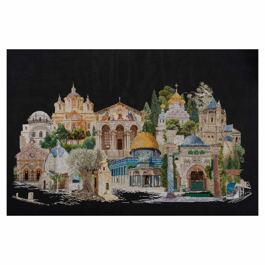 cross stitch design of a cityscape with various buildings on a black background