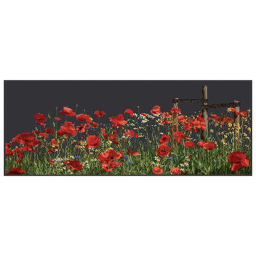 Counted Cross Stitch Kit Poppies  of a field with red flowers and a fence 
