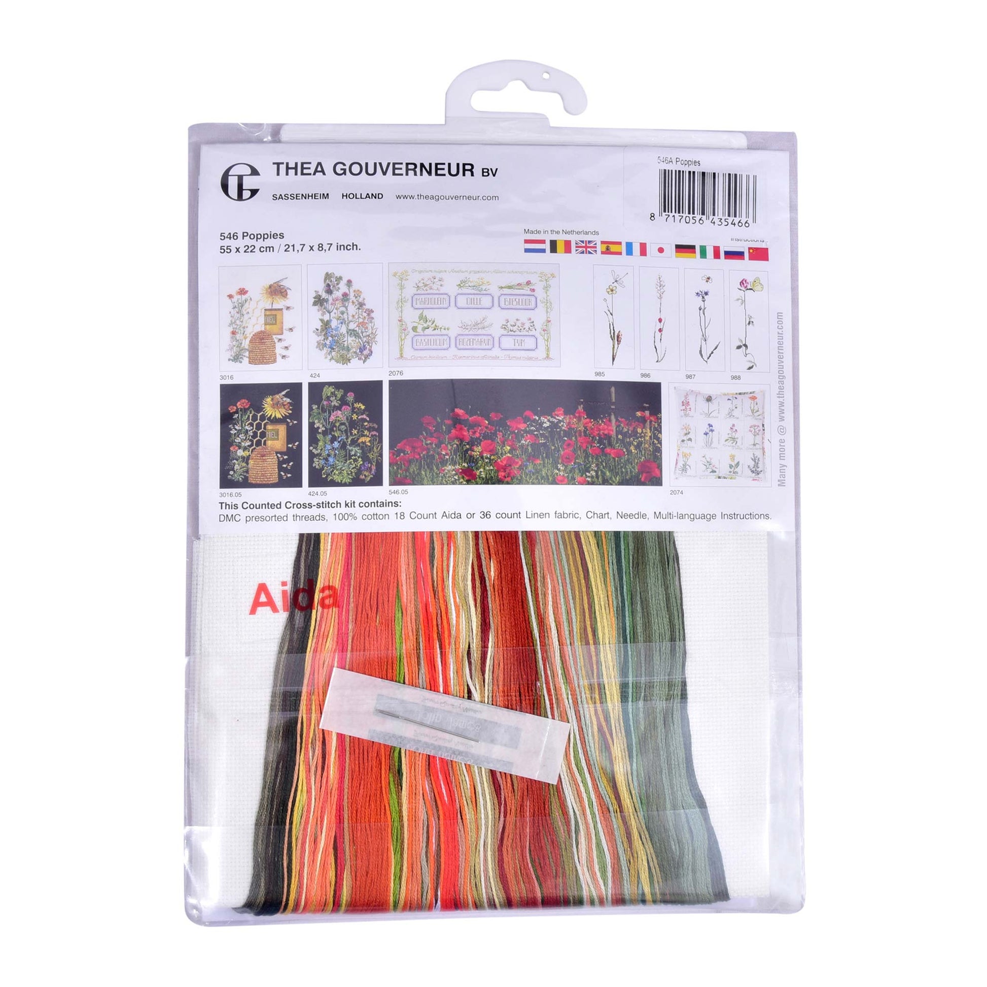 Cross-stitch kit packaging with colorful dmc embroidery threads and brand label Thea Gouverneur