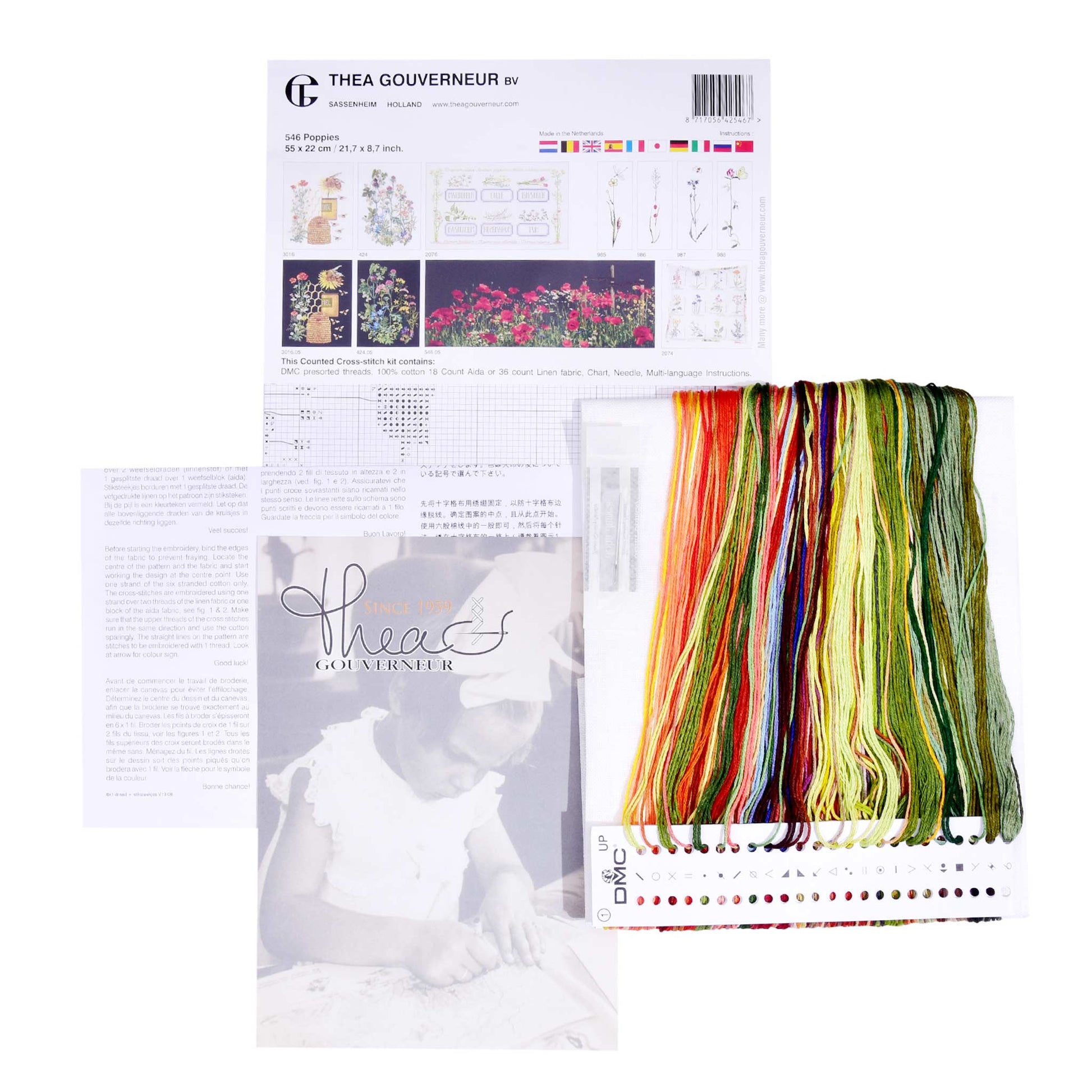 Embroidery kit with pattern and chart, needlework fabric, and threads on a white background