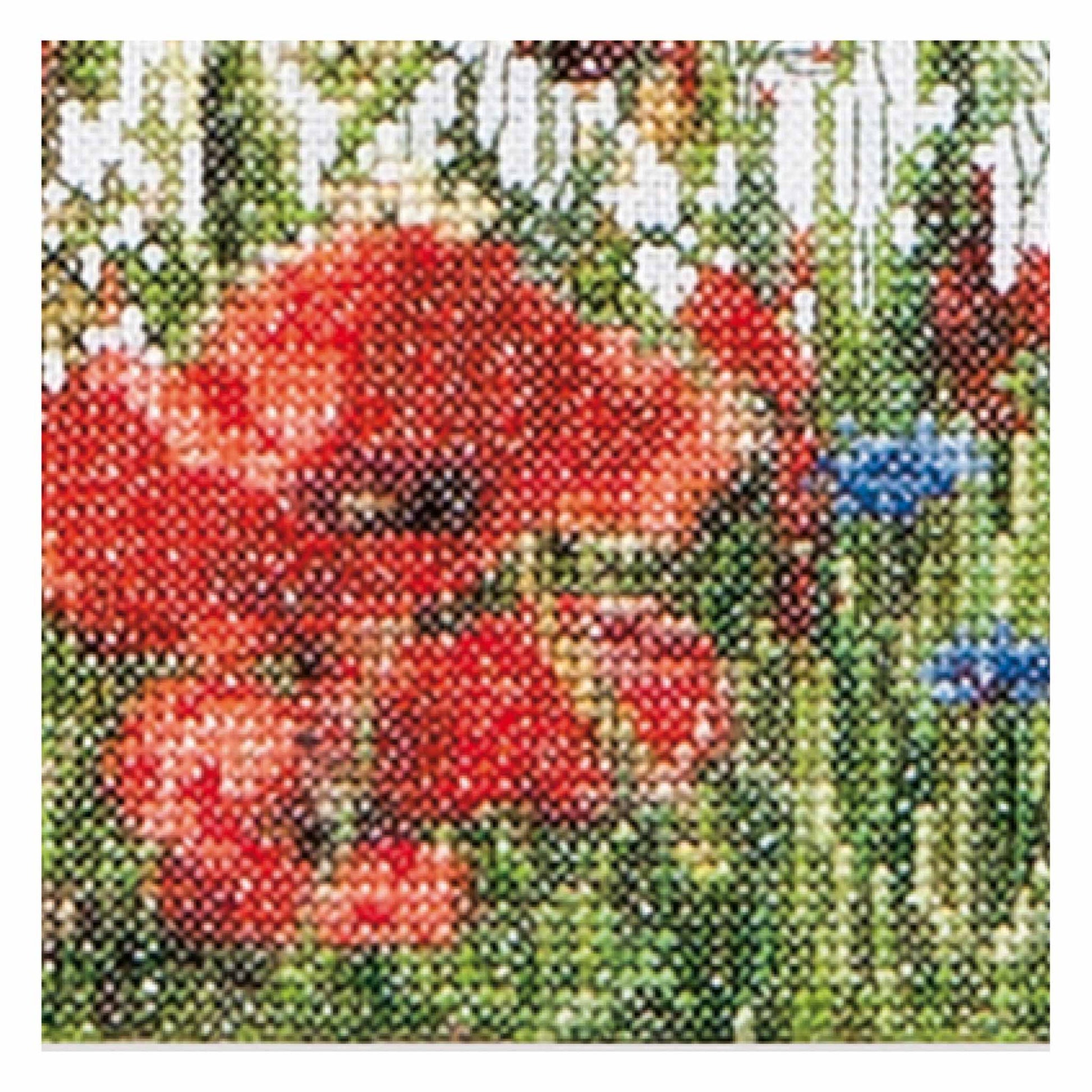 Cross stitch kit Field of red poppies with a wooden fence close up