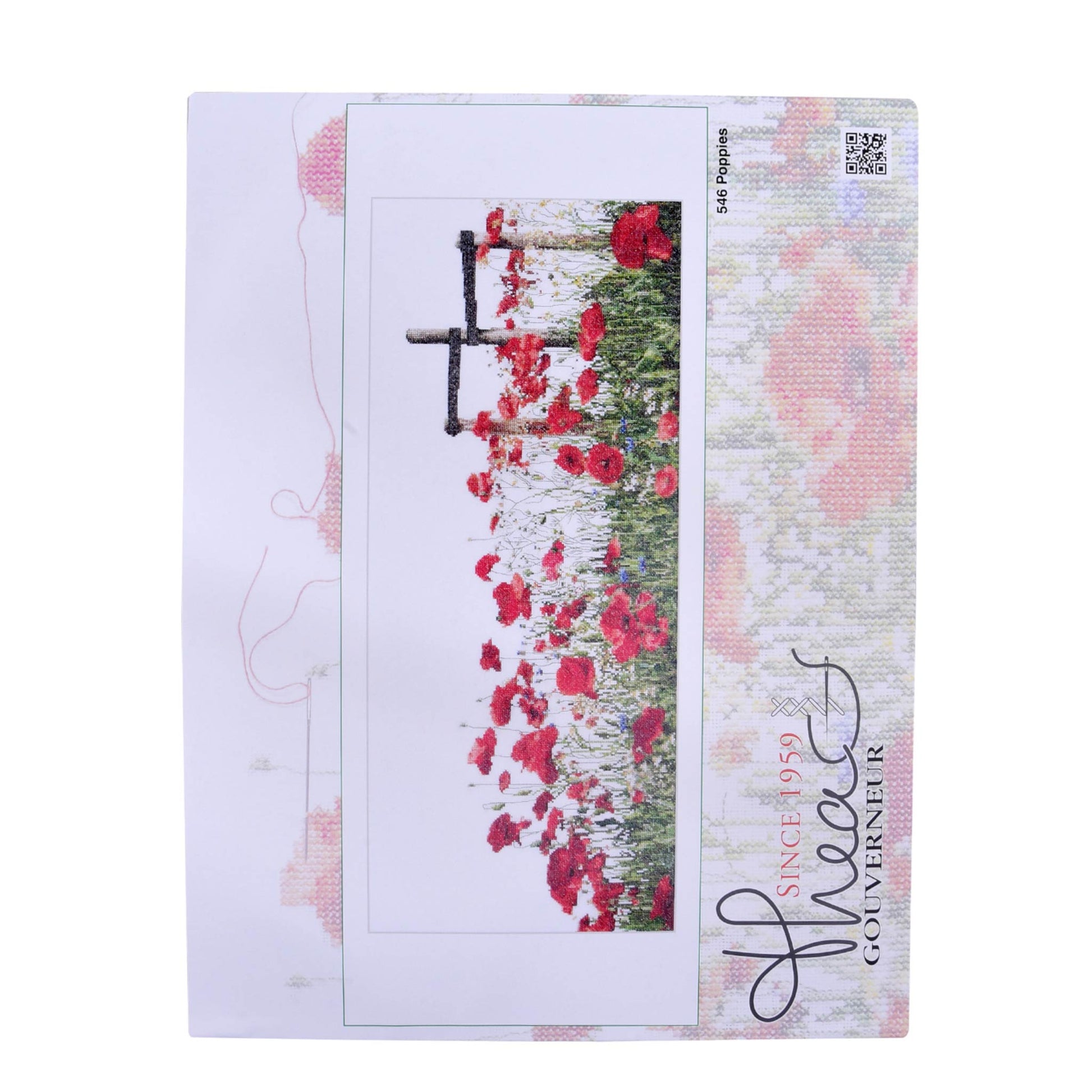 Cross stitch kit packaging with floral poppy design Thea Gouverneur
