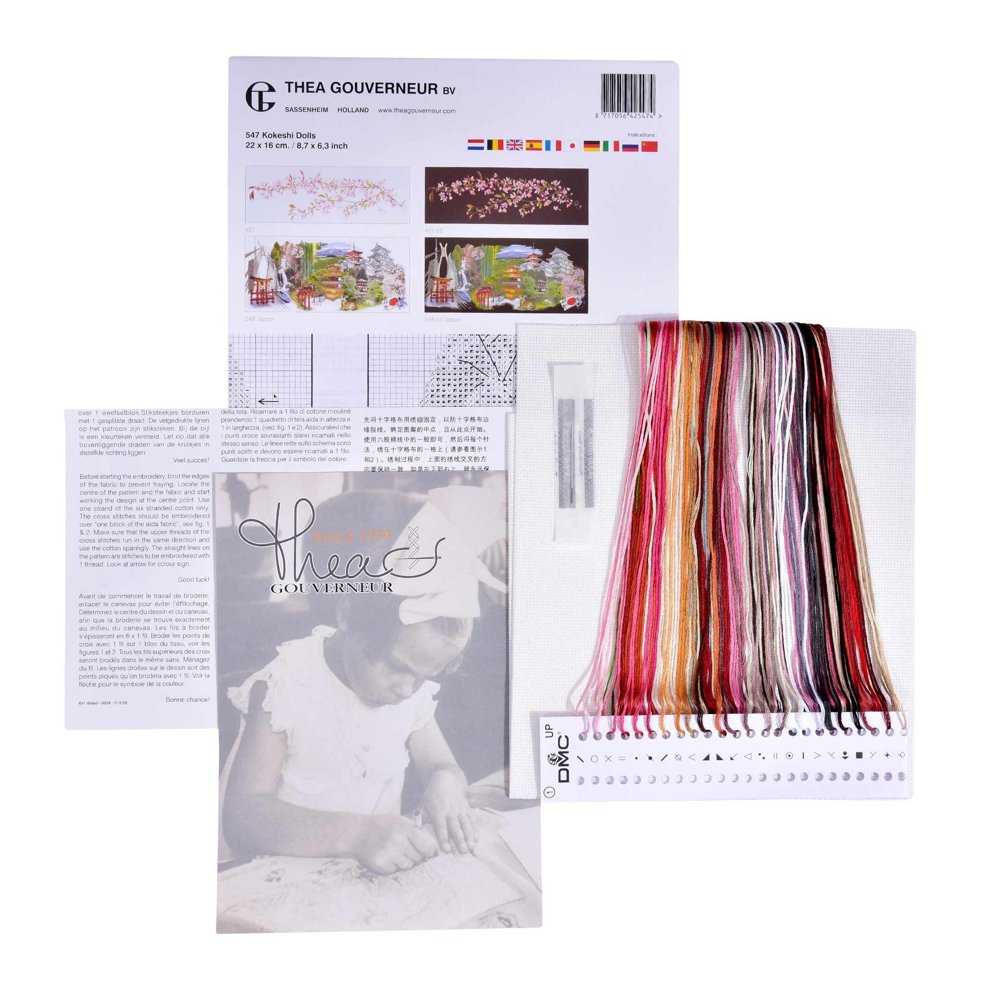 Embroidery kit with pattern and chart, needlework fabric, and threads on a white background