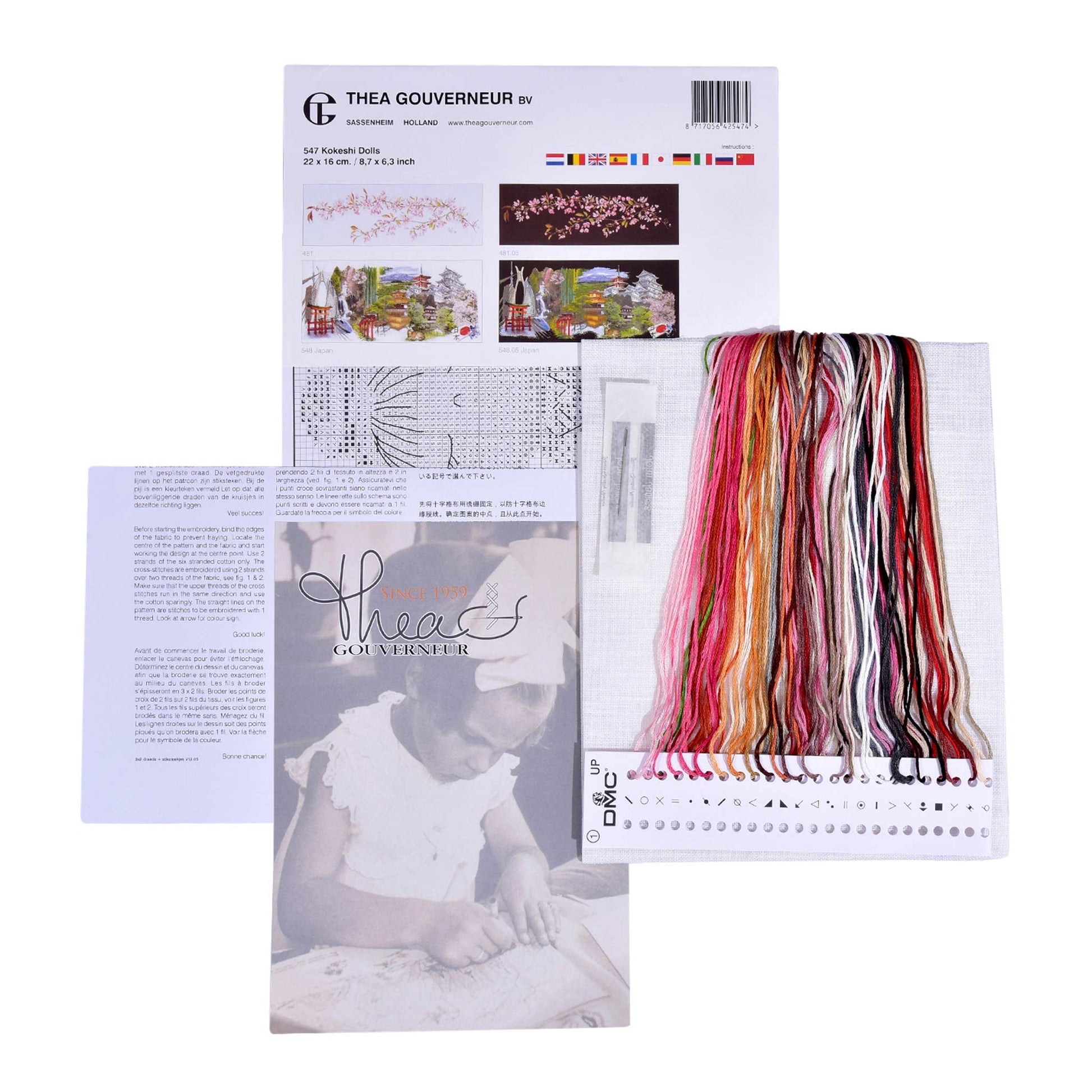 Embroidery kit with pattern printed chart, embroidery threads, and a card featuring Thea Gouverneur branding on a white background.