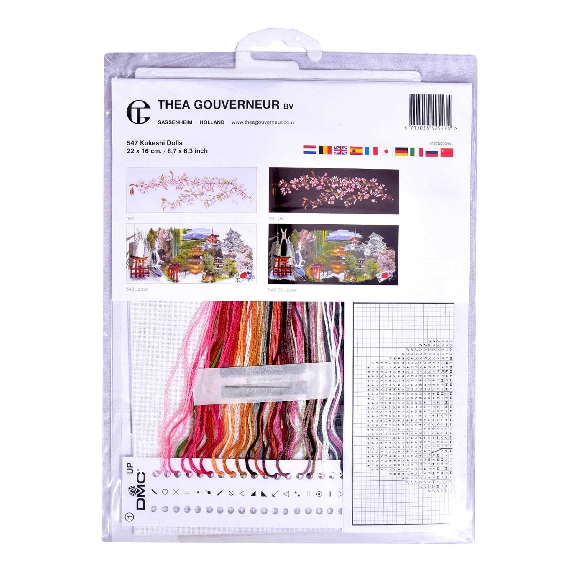 Embroidery kit with Aida needlework fabric and packaging displaying dmc embroidery threads and kit content