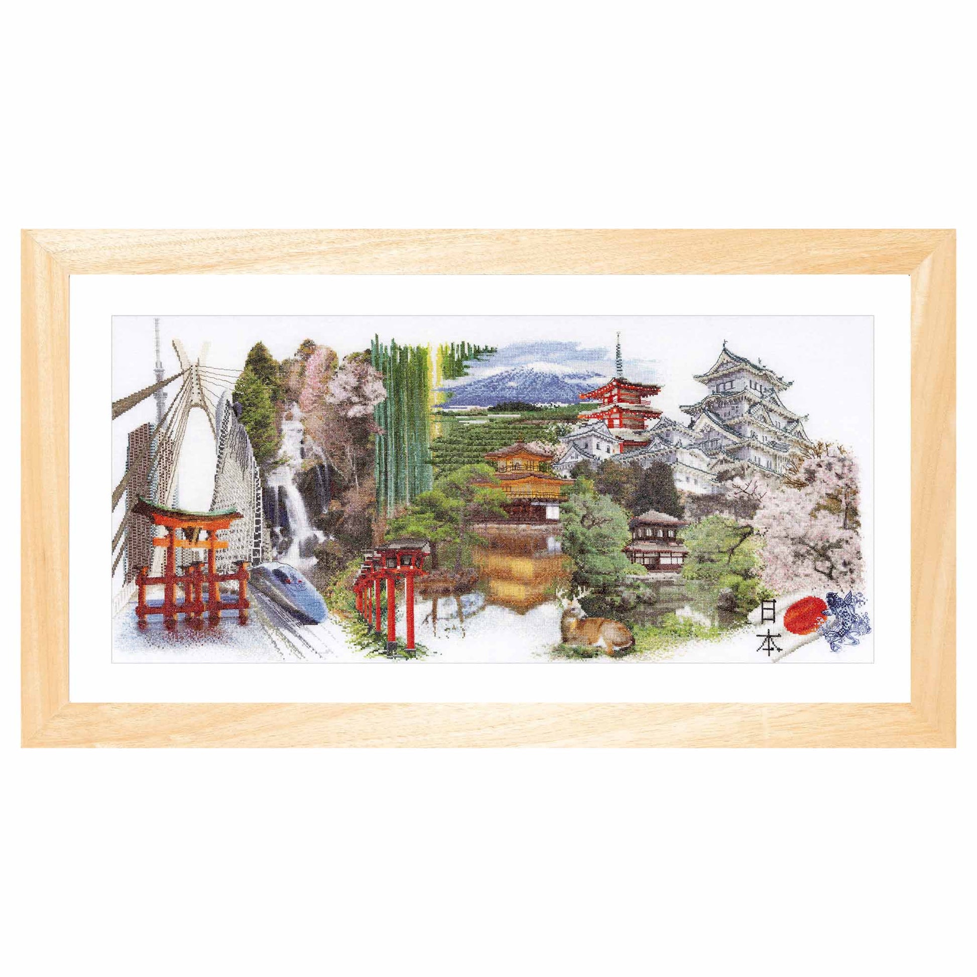 Cross stitch kit of a Japanese landscape with traditional architecture and nature elements.