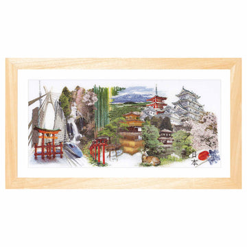 Cross stitch kit of a Japanese landscape with traditional architecture and nature elements.