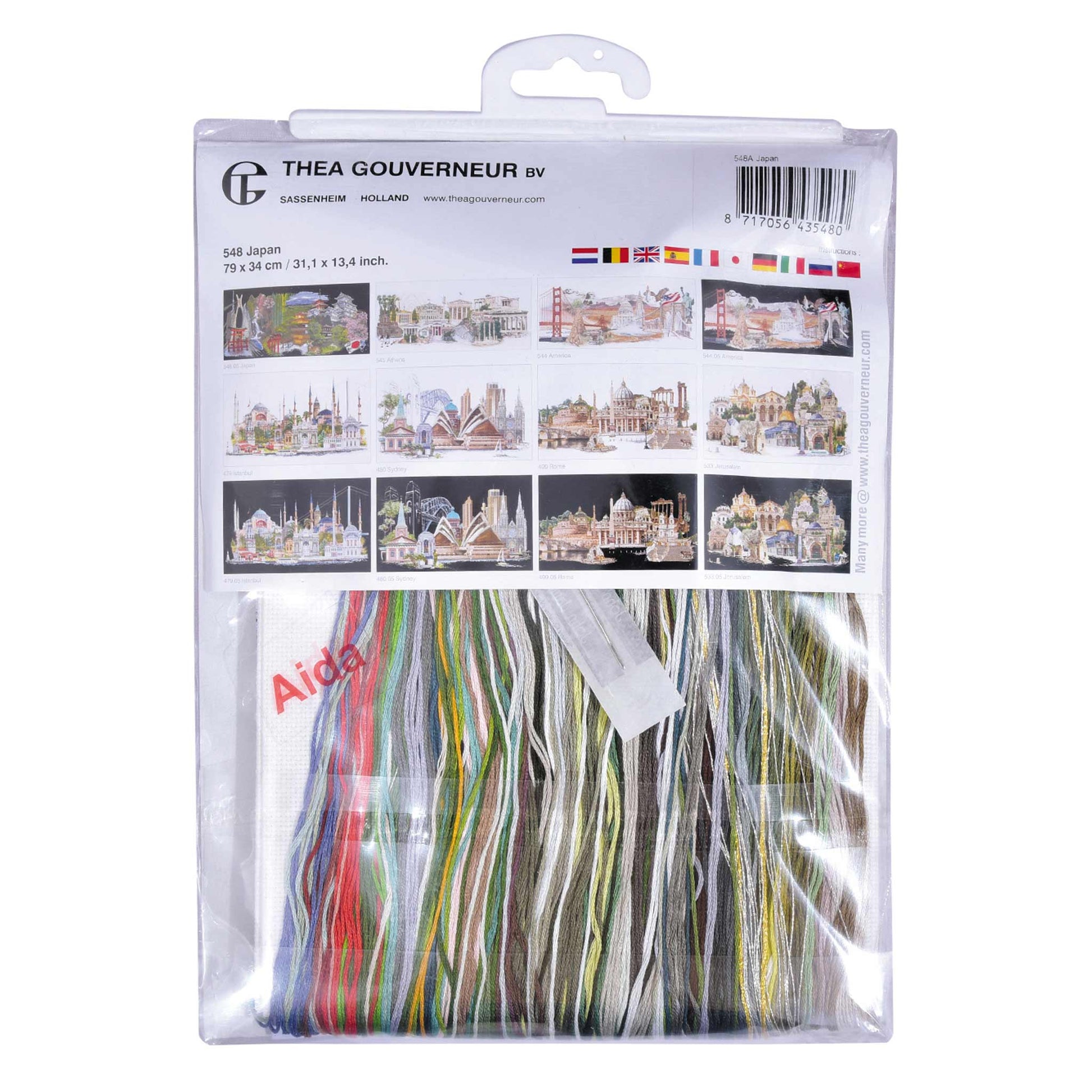 Packaged embroidery kit with colorful threads and cityscape designs Thea Gouverneur
