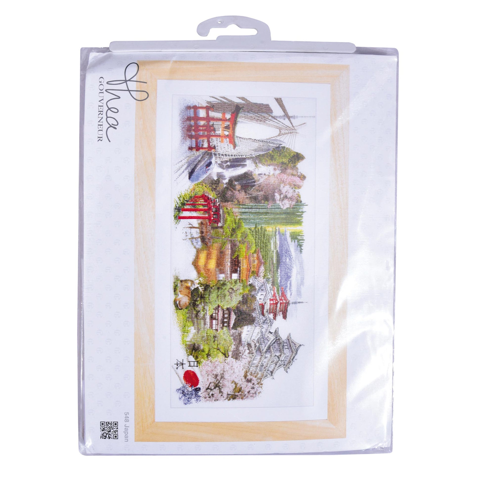 Packaged cross-stitch kit with a scenic design on a white background