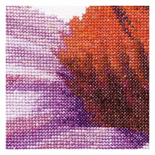 Close-up of a cross-stitched bee on a  purple flower
