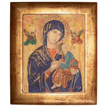 Cross stitch Icon of a religious figure holding a child with gold frame