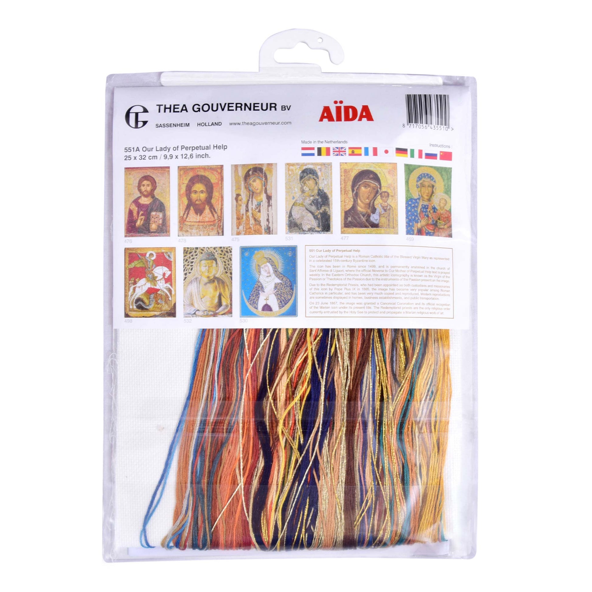 Embroidery kit with Aida needlework fabric and packaging displaying dmc embroidery threads and kit content