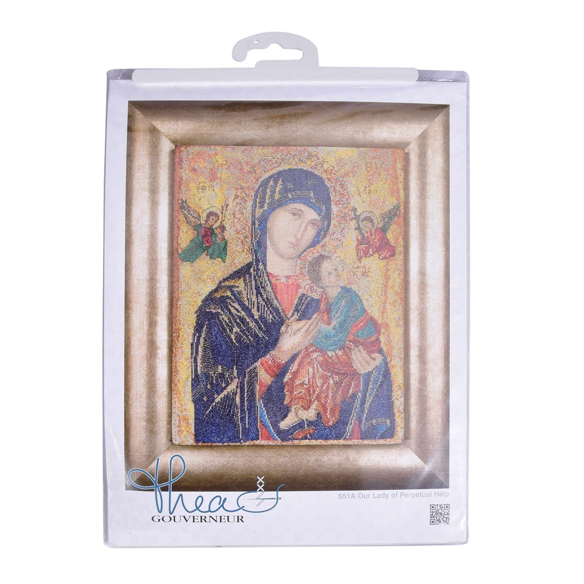 Packaged cross stitch kit of a religious scene with a woman and child, featuring the brand 'Thea Gouverneur'.