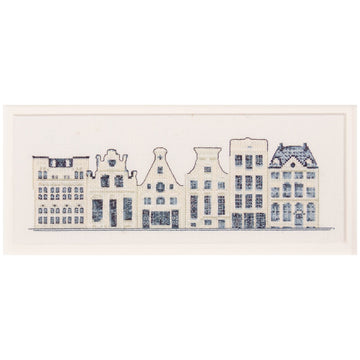 Cross stitch pattern of Dutch stylized buildings on a white background