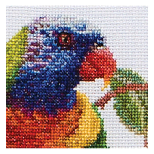Cross-stitched parrot with a colorful gradient on white fabric