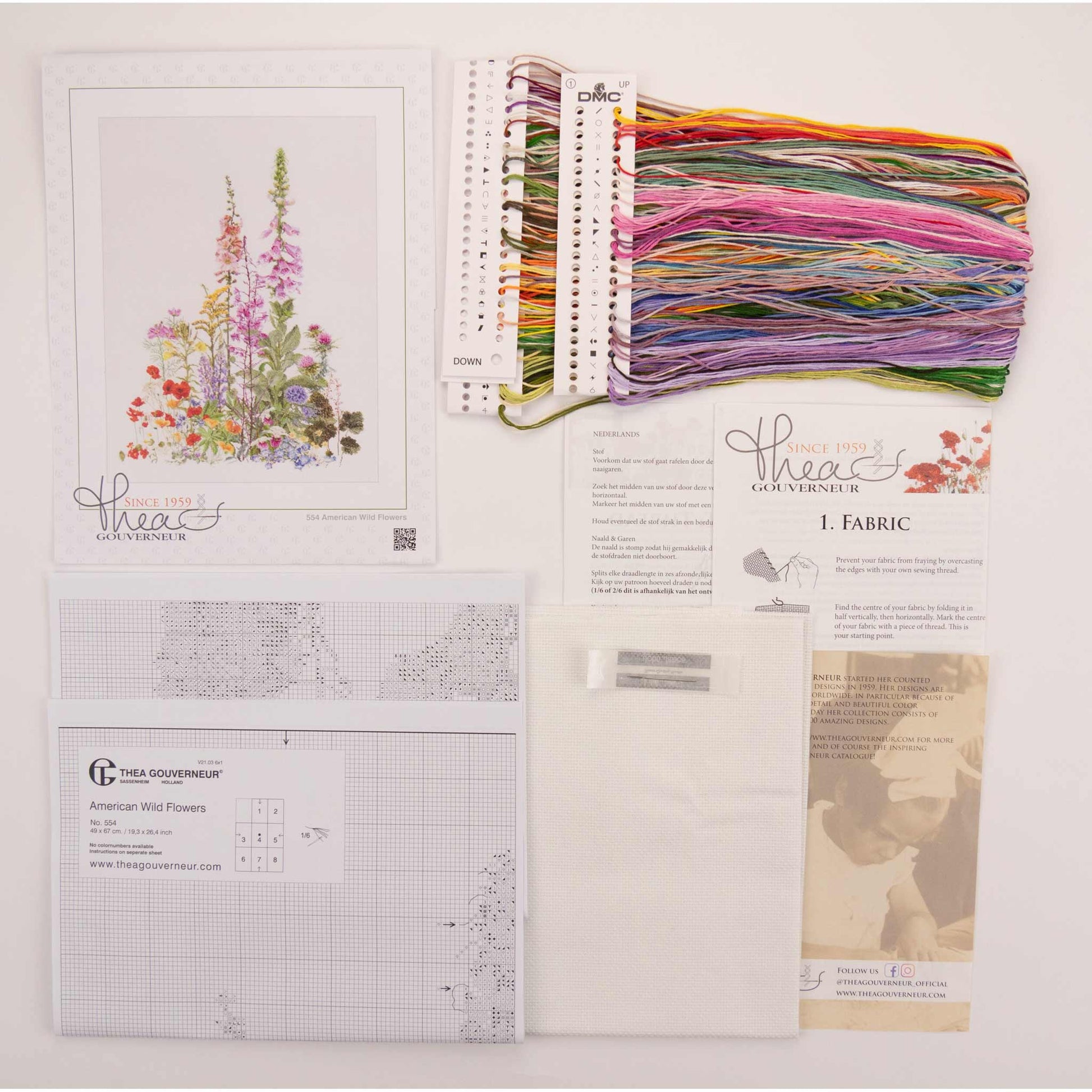 Embroidery kit content: Aida needlework fabrics, printed chart, colorful dmc embroidery threads presorted on the floss organizer