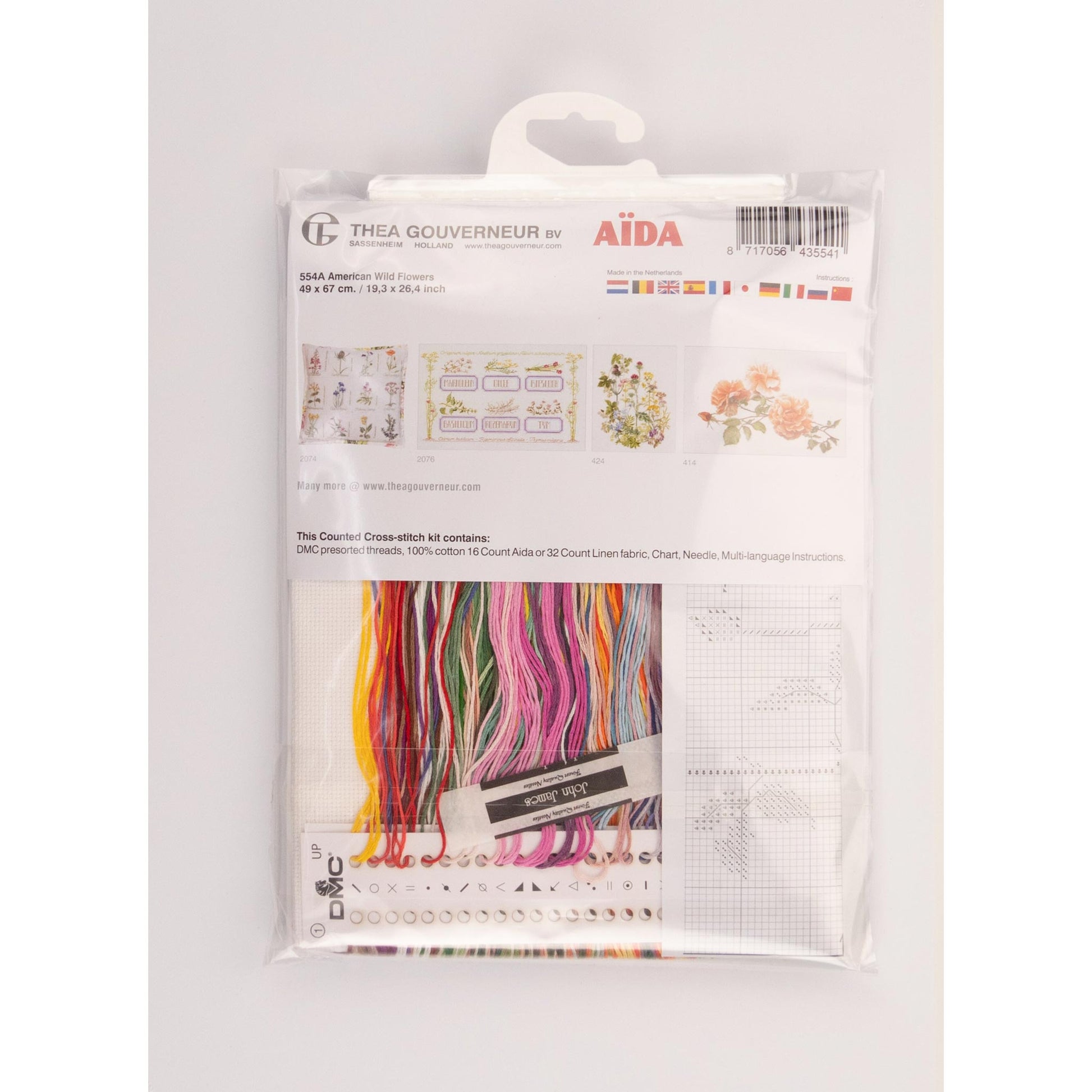 Embroidery kit with Aida needlework fabric and packaging displaying dmc embroidery threads and kit content