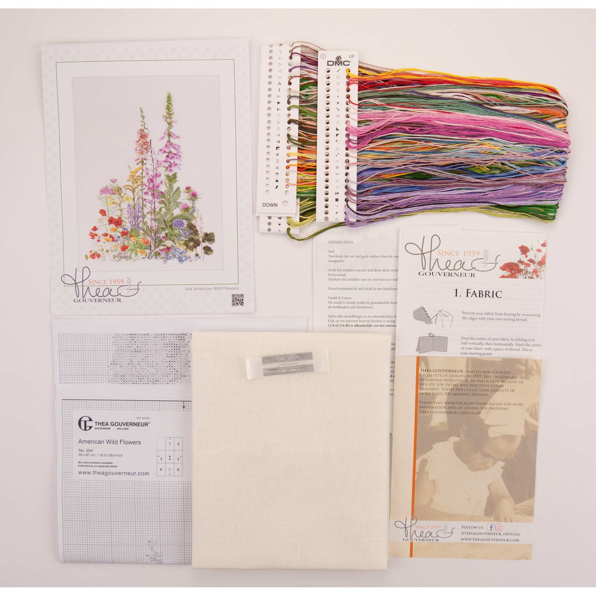 Embroidery kit content: Aida needlework fabrics, printed chart, colorful dmc embroidery threads presorted on the floss organizer