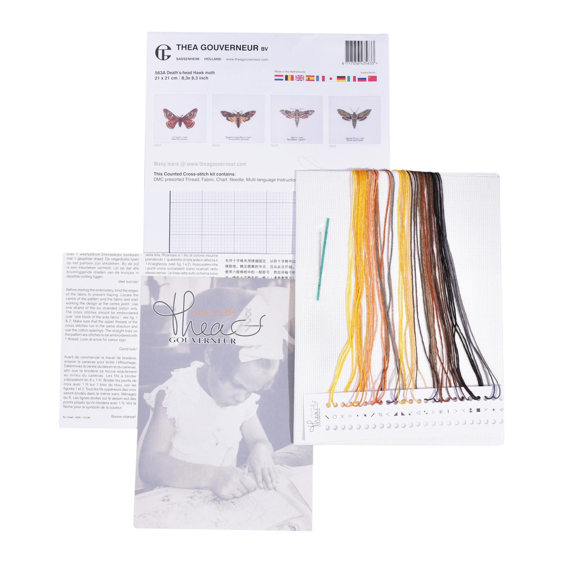 Packaging of Thea Gouverneur embroidery kit with pattern and chart, needlework fabric, and dmc floss threads 