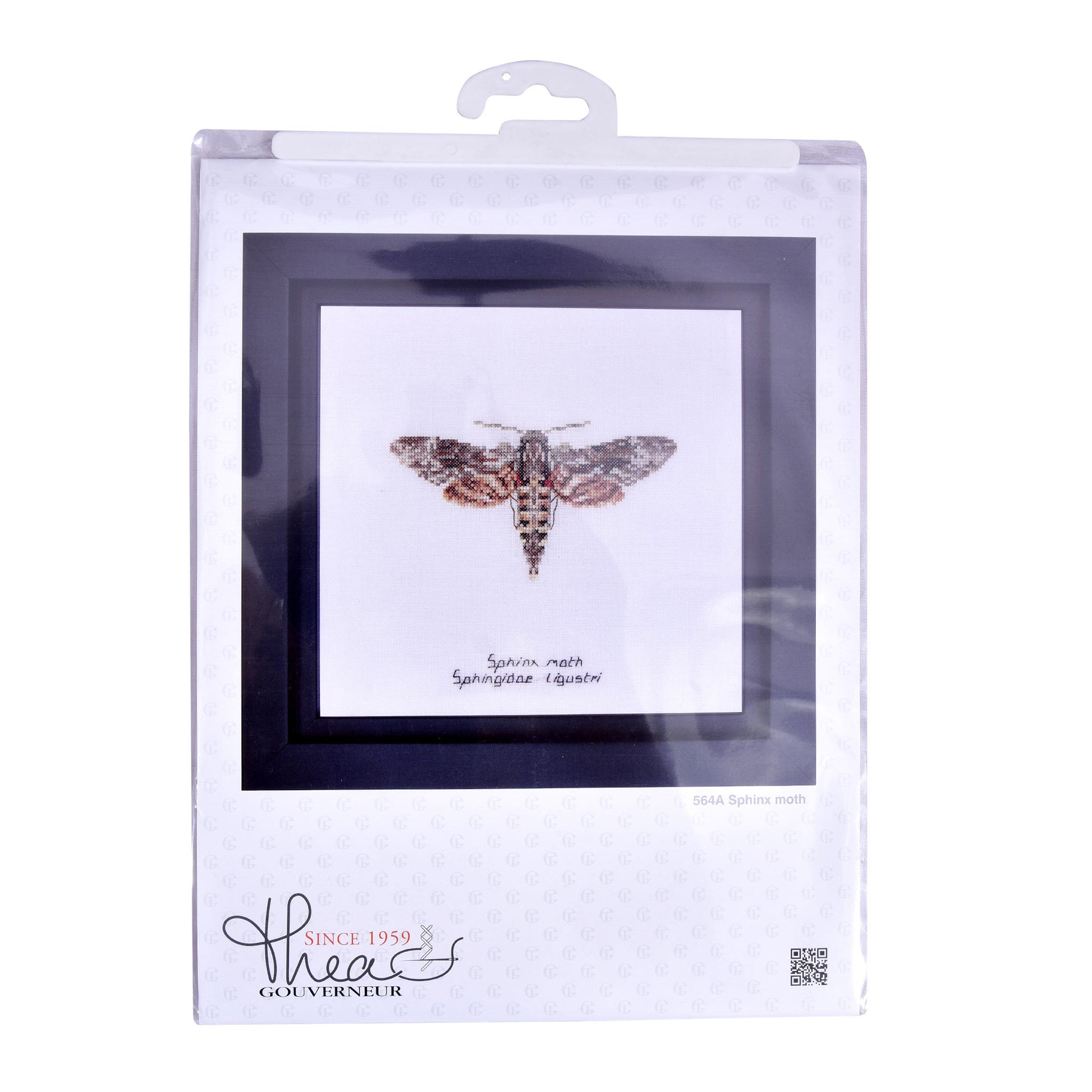 Packaged cross stitch kit of a moth , featuring the brand 'Thea Gouverneur'.