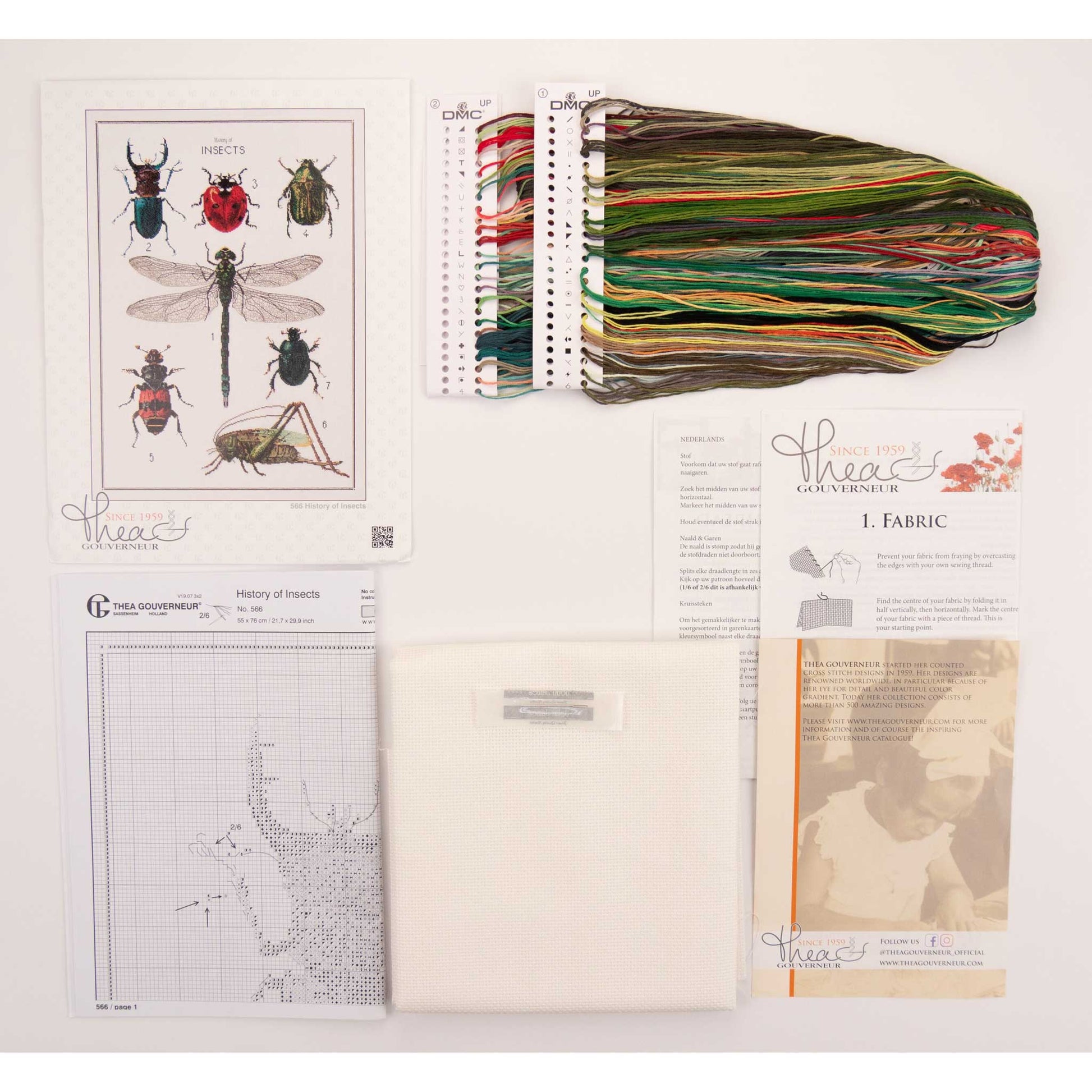 Embroidery kit with pattern and chart, needlework fabric, and threads on a white background
