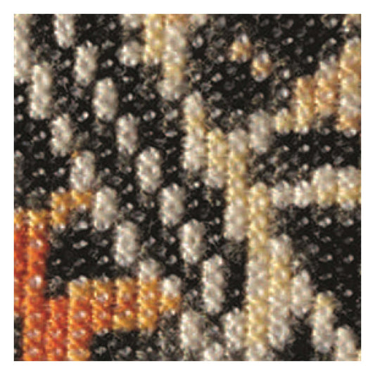 Close-up of across stitch with a butterfly design on a black background.