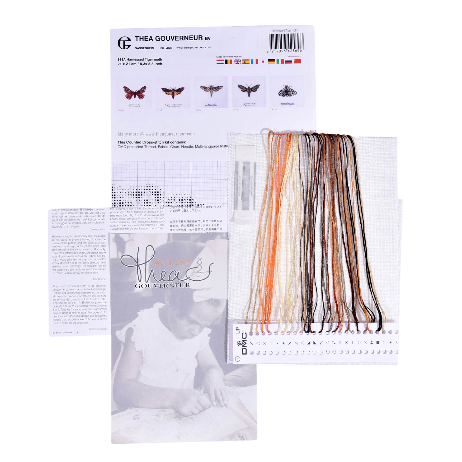 Embroidery kit content: Aida needlework fabrics, printed chart, colorful dmc embroidery threads presorted on the floss organizer