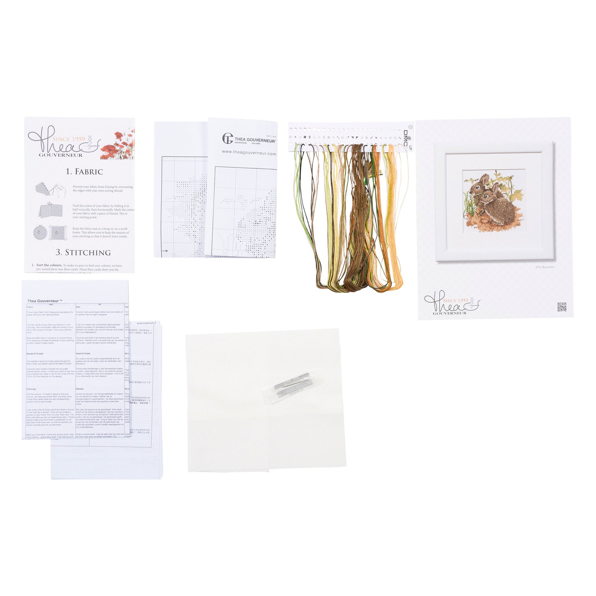 Embroidery kit with pattern and chart, needlework fabric, and dmc floss threads 