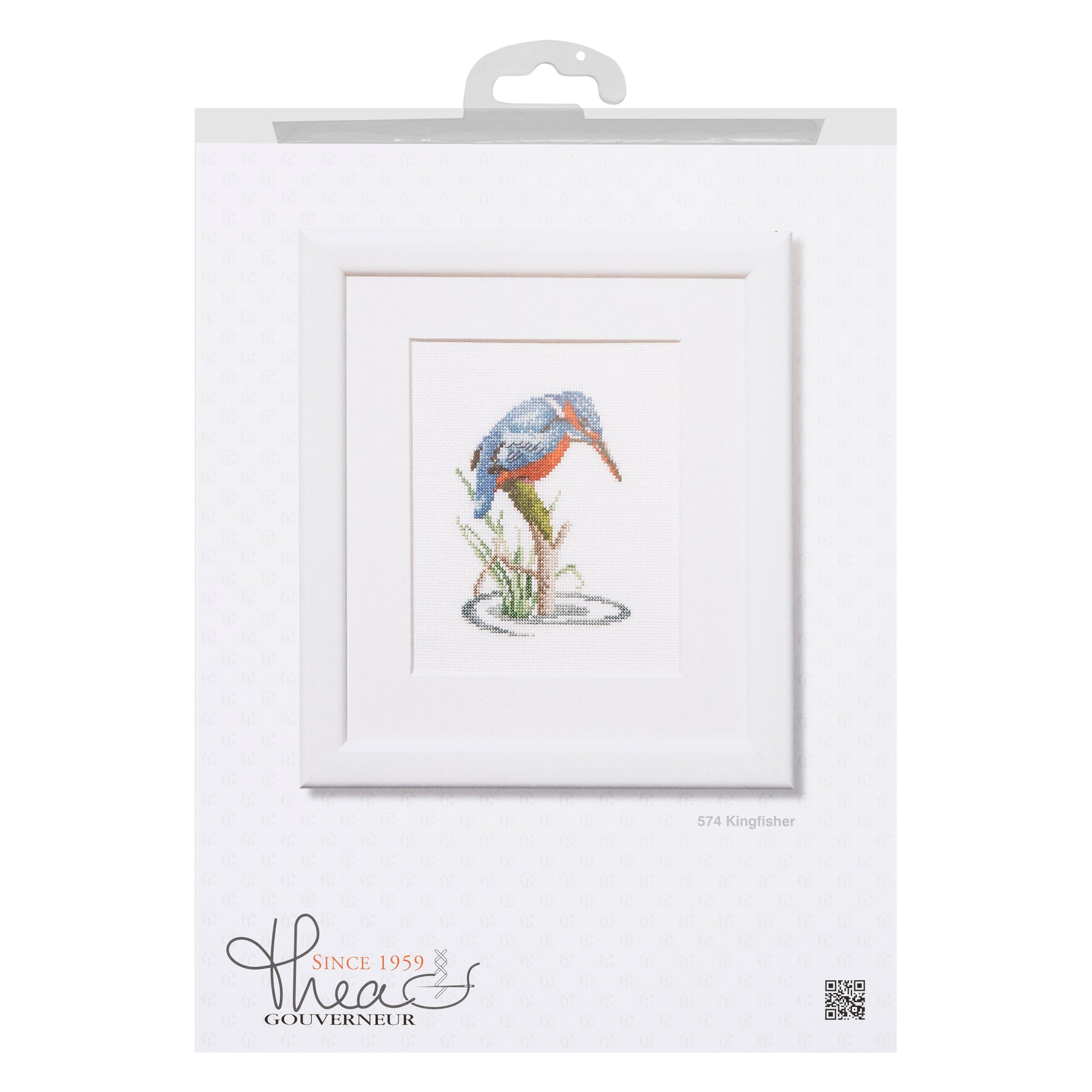 Framed artwork of a kingfisher bird on a white background with Thea Gouverneur branding.