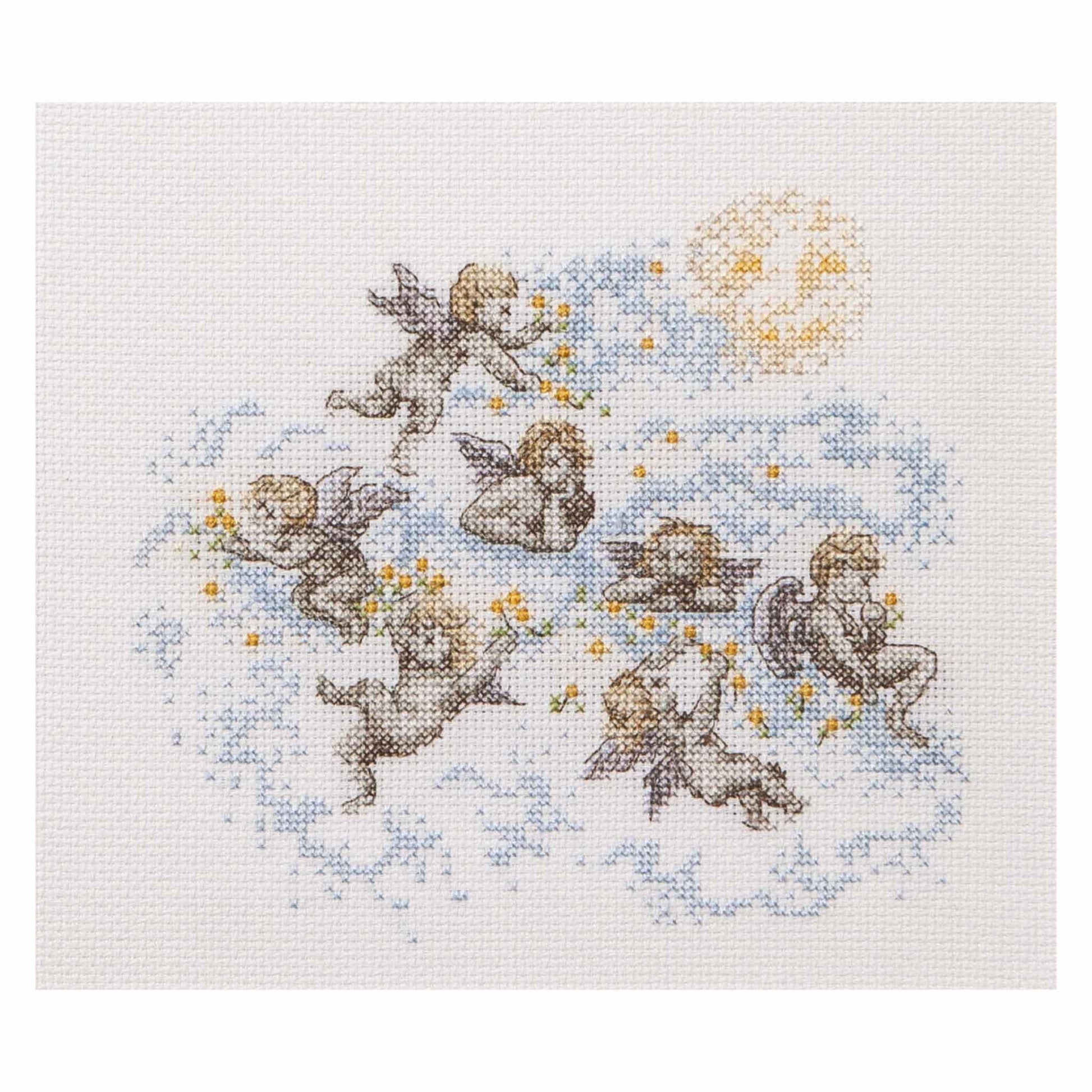 Cross-stitched design of angels with stars and a moon on a white background