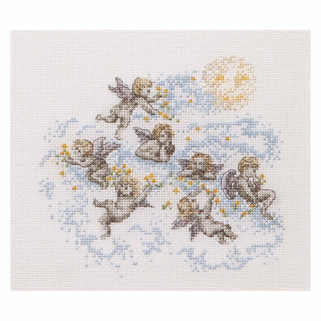 Cross-stitched design of angels with stars and a moon on a white background