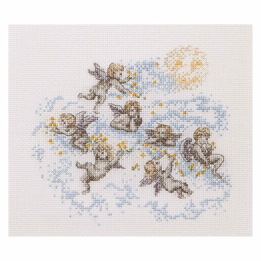 Cross-stitched design of angels with stars and a moon on a white background