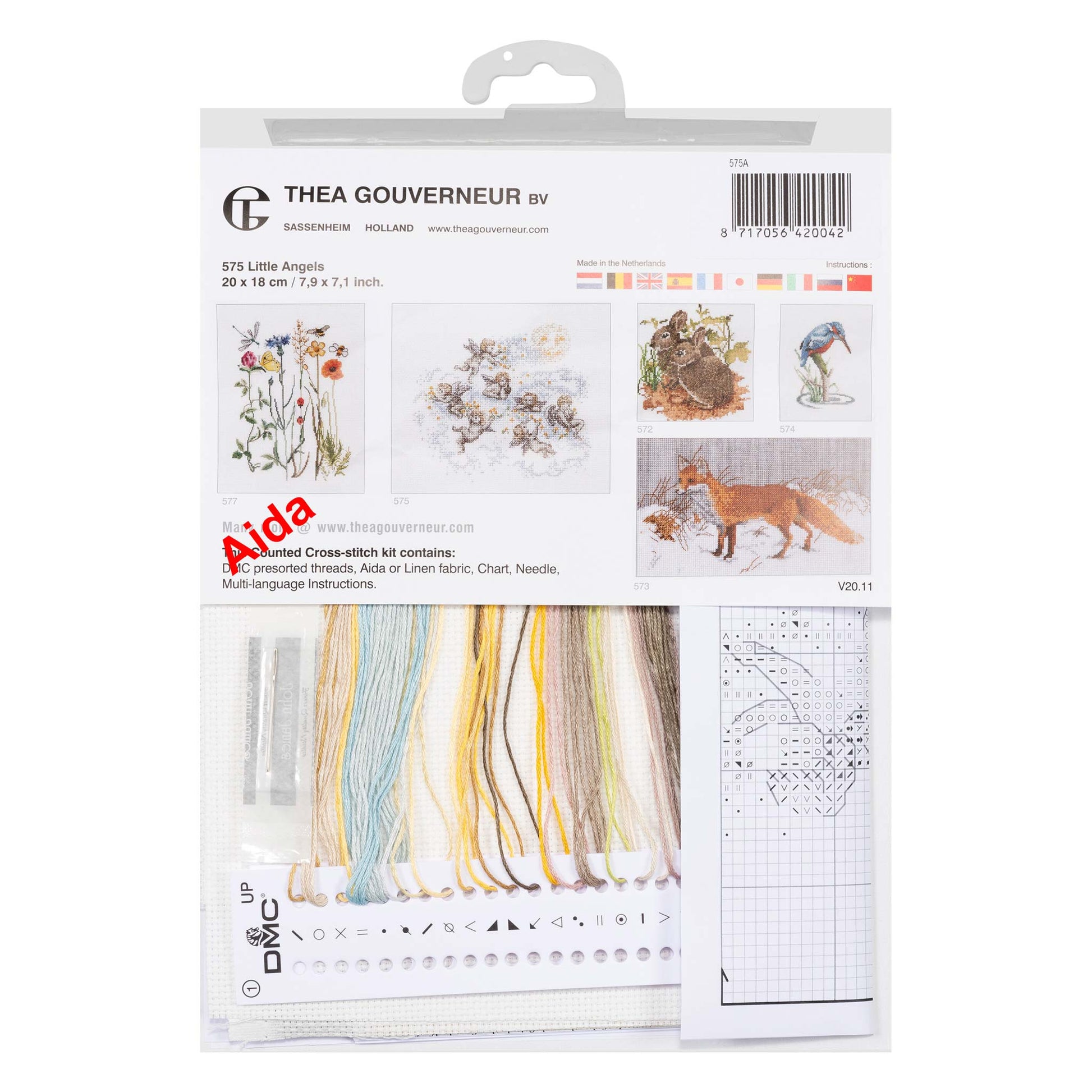 Embroidery kit packaging with cross-stitch pattern and stitching materials on a white background