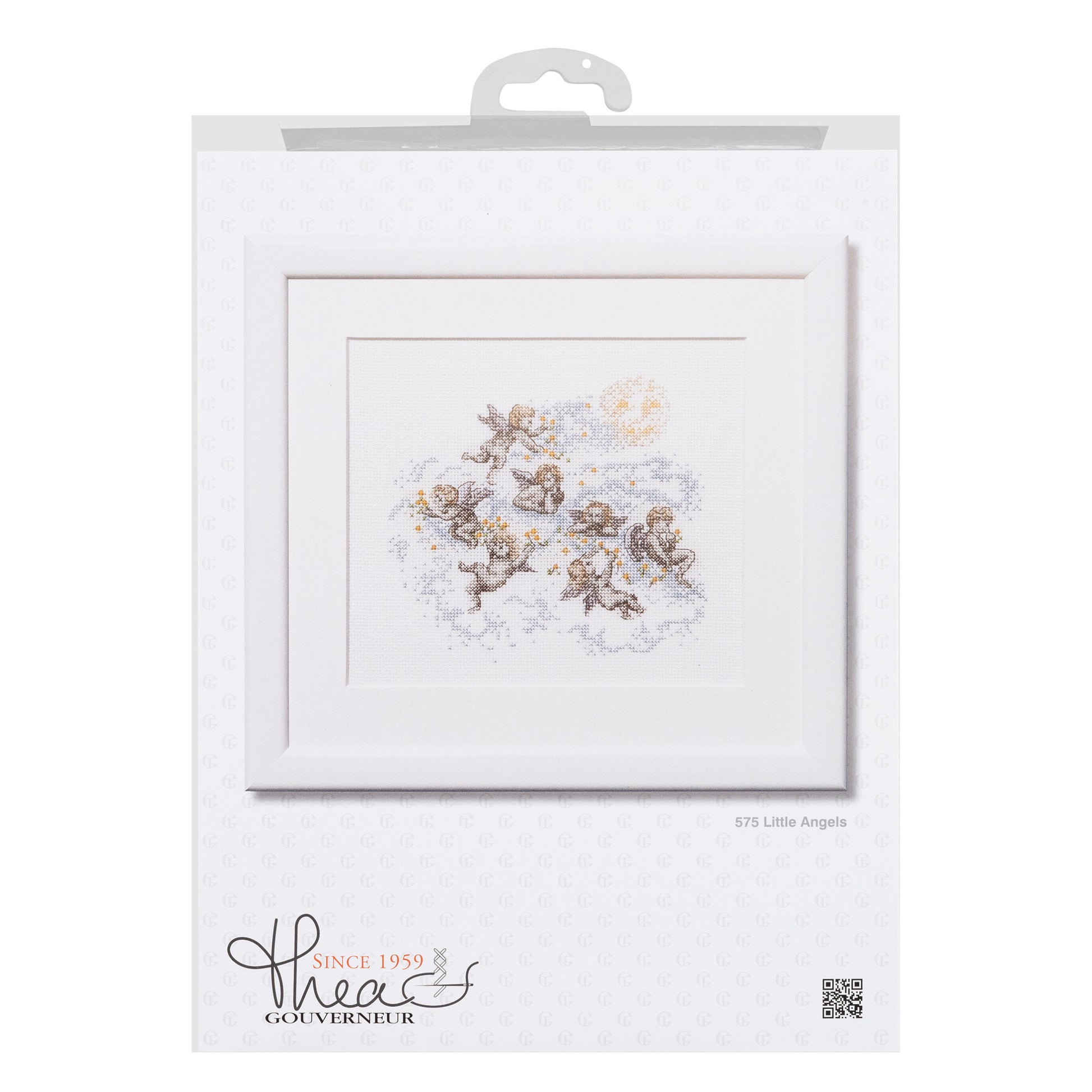 Embroidery kit packaging with angels design and Thea Gouverneur branding.