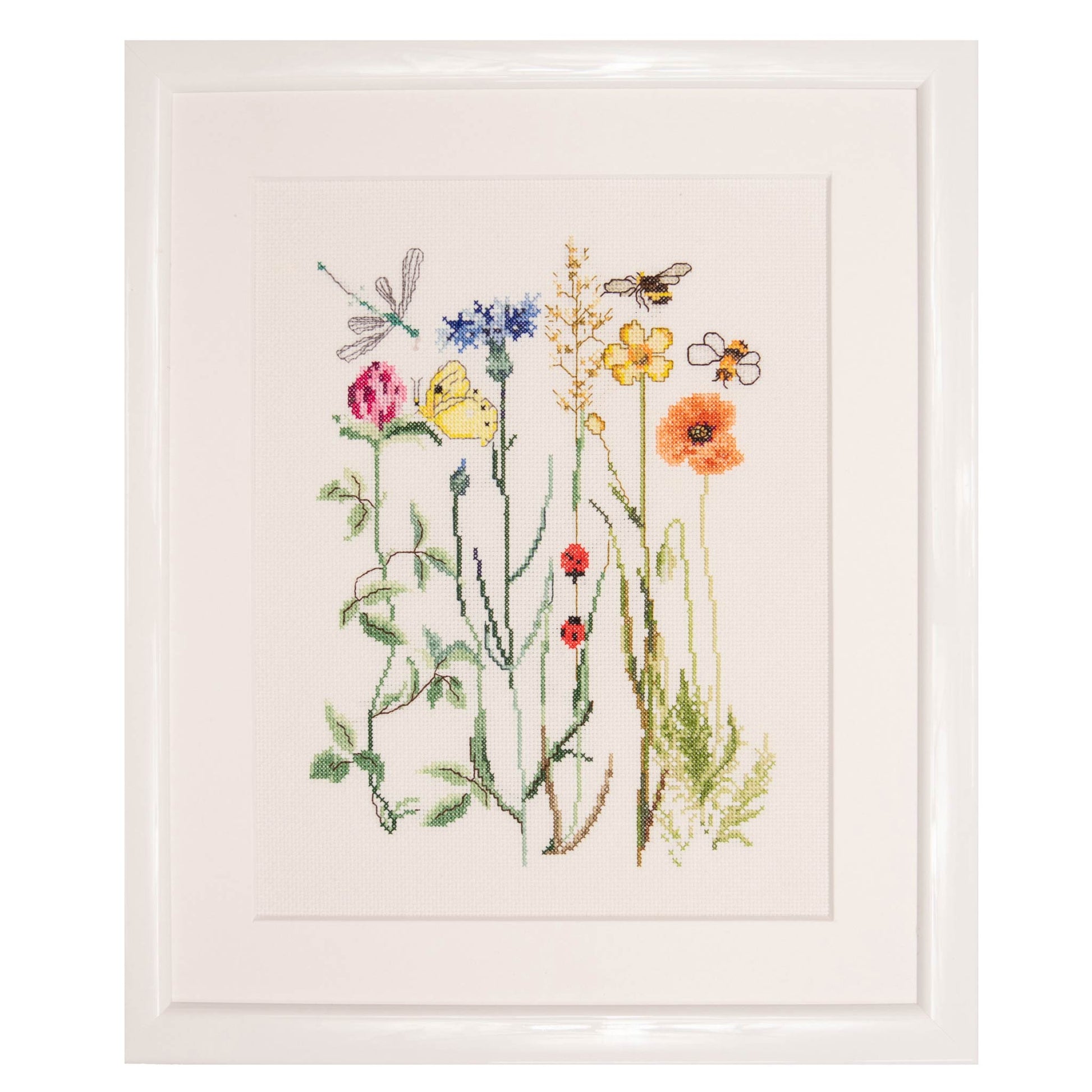 Cross stitch pattern of wildflowers and butterfly, bee and insects