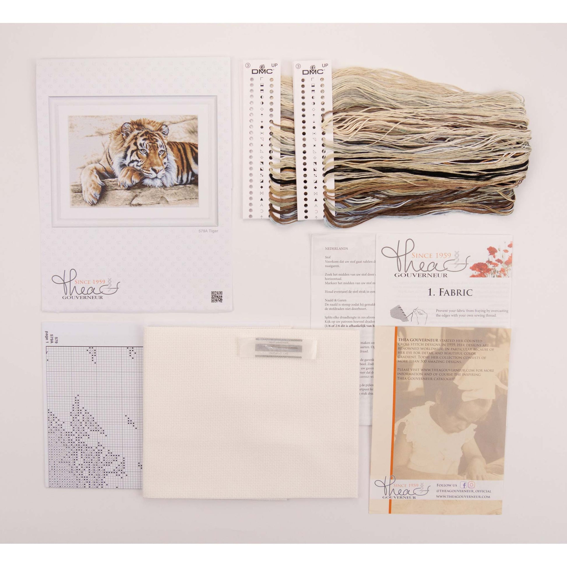 Embroidery kit content: Aida needlework fabrics, printed chart, colorful dmc embroidery threads presorted on the floss organizer